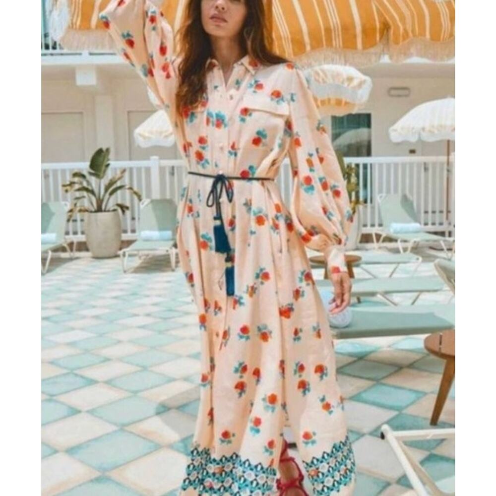 HUNTER BELL Sz M Medium Wilder Linen Rayon Floral Shirt Dress